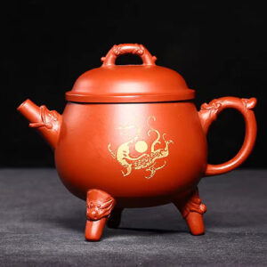 台灣回流老紫砂壺宜興名家早期顧景舟製大紅袍硃泥描金三足祥瑞壺