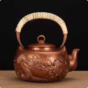 2MM加厚口耳出一體純銅燒水壺純手工雕龍一片造紫銅茶壺高端收藏