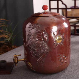 純手工紫銅存水缸茶道淨水銅水桶搭配龍頭雕刻貔貅圖案大容量12L